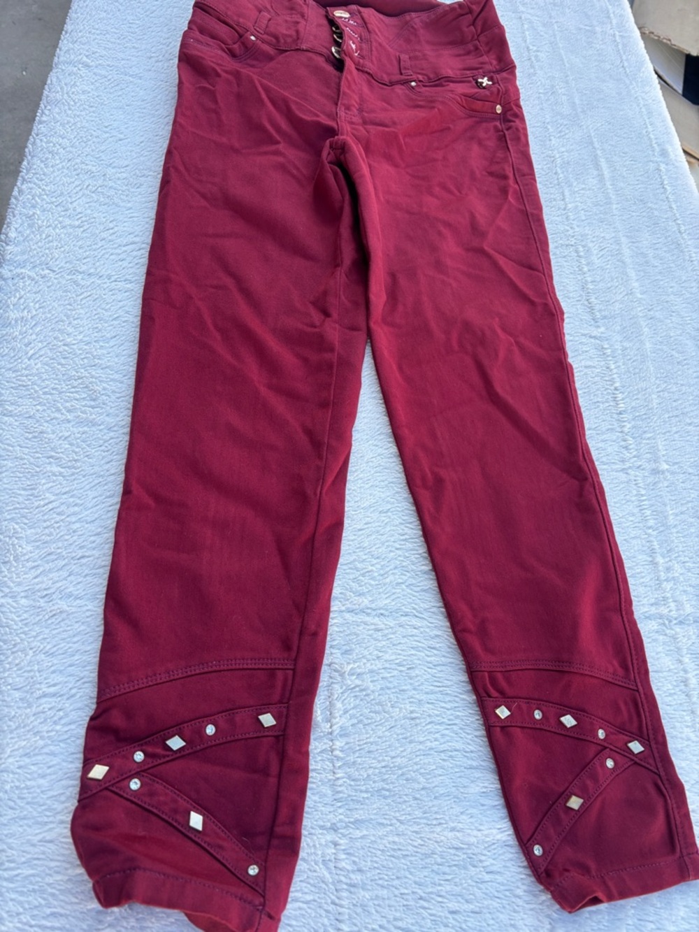 Stretch Flare Jeans with Stud Detail in Burgundy